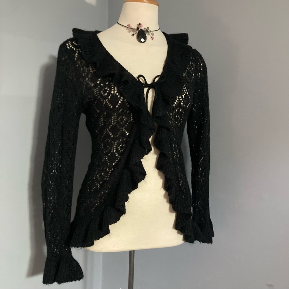 Y2K Goth fairy ruffled frilly crochet tie front cardigan MEDIUM Mohair blend